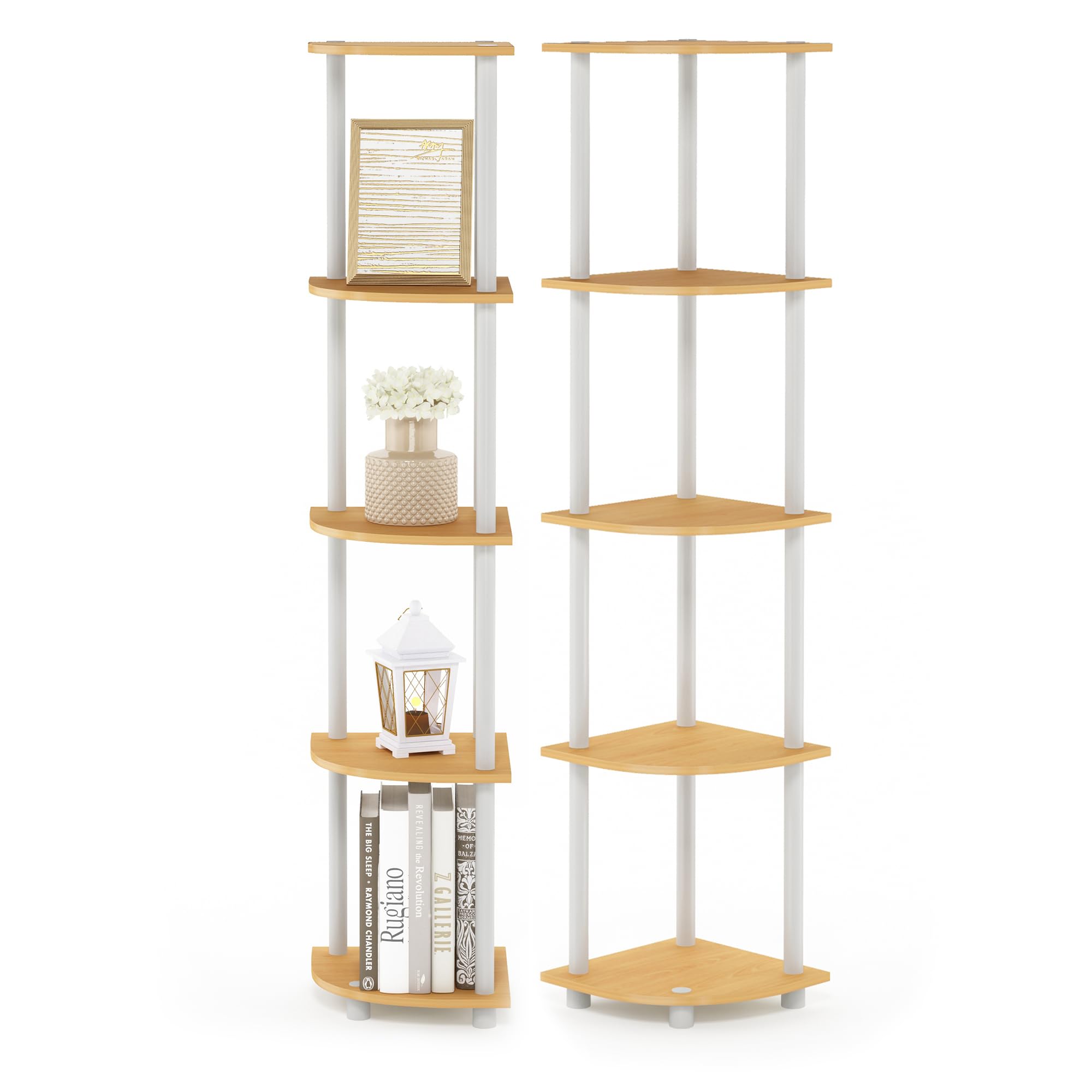 Furinno Turn-N-Tube Corner Shelf Set of 2, 5-Tier Corner Bookshelf, Open Storage Shelves, for Organization and Storage, Living Room, Home Office, Garage, Beech