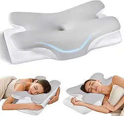 Travesseiro cervical para alívio da dor no pescoço, travesseiro ergonômico de 2 alturas, travesseiro ortopédico de descanso de cama ortopédico de espuma viscoelástica sem odor para dormir no estômago