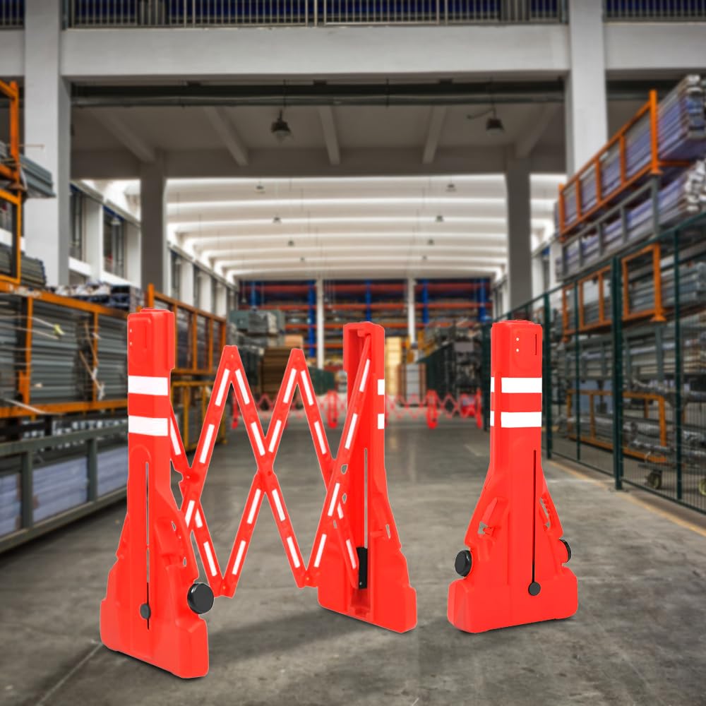 Lot de 2 barricades extensibles – Rouge | Barrière pliable en plastique de 2,3 m | Barrière de sécurité routière réfléchissante pour plus de sécurité | Barrière mobile portable avec base à remplir