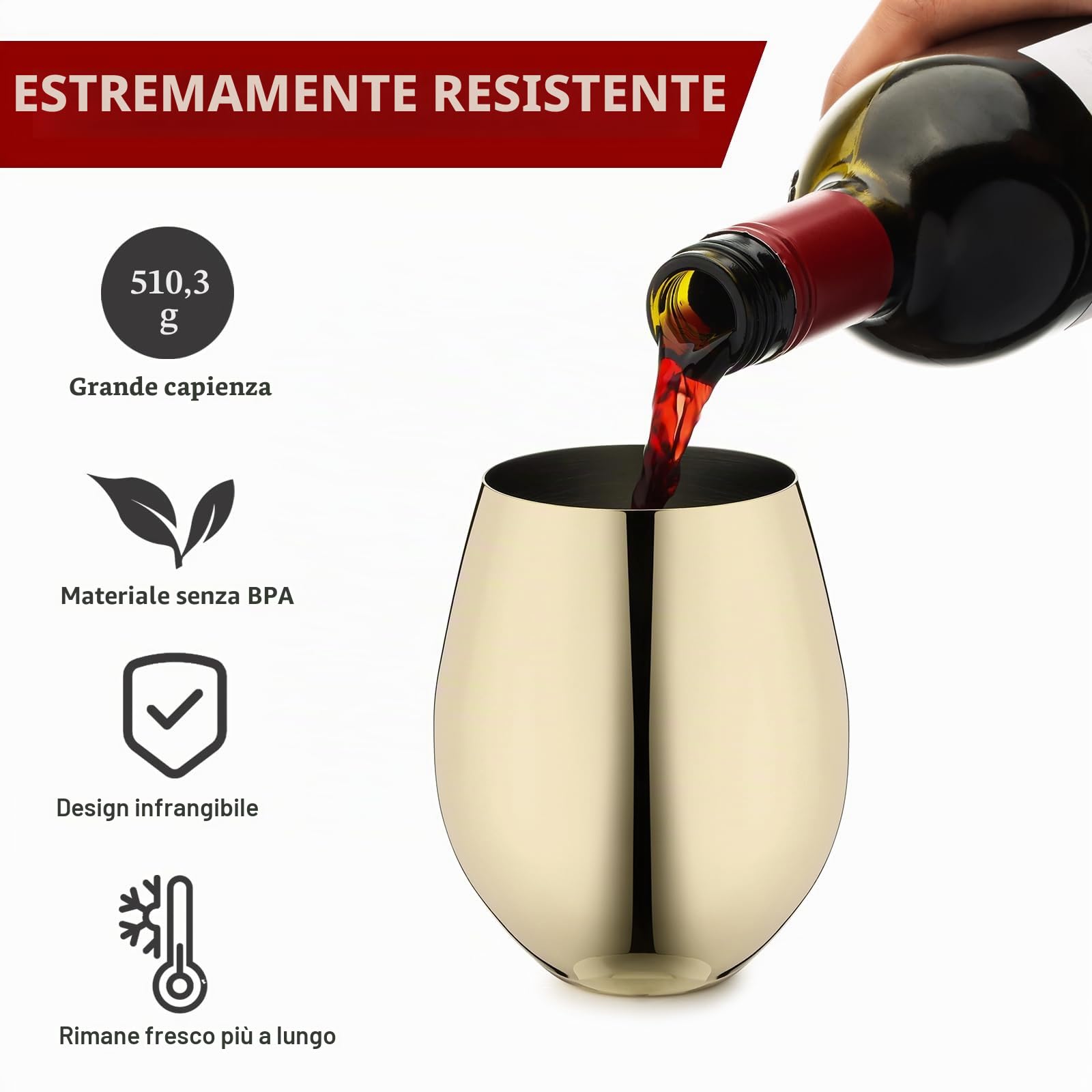 Kordisen WOTOR Set di 4 calici da vino dorati, da 532 ml, infrangibili, in acciaio inox, senza stelo, per esterni, viaggi, campeggio, piscina, accessori da vino ideali come regalo