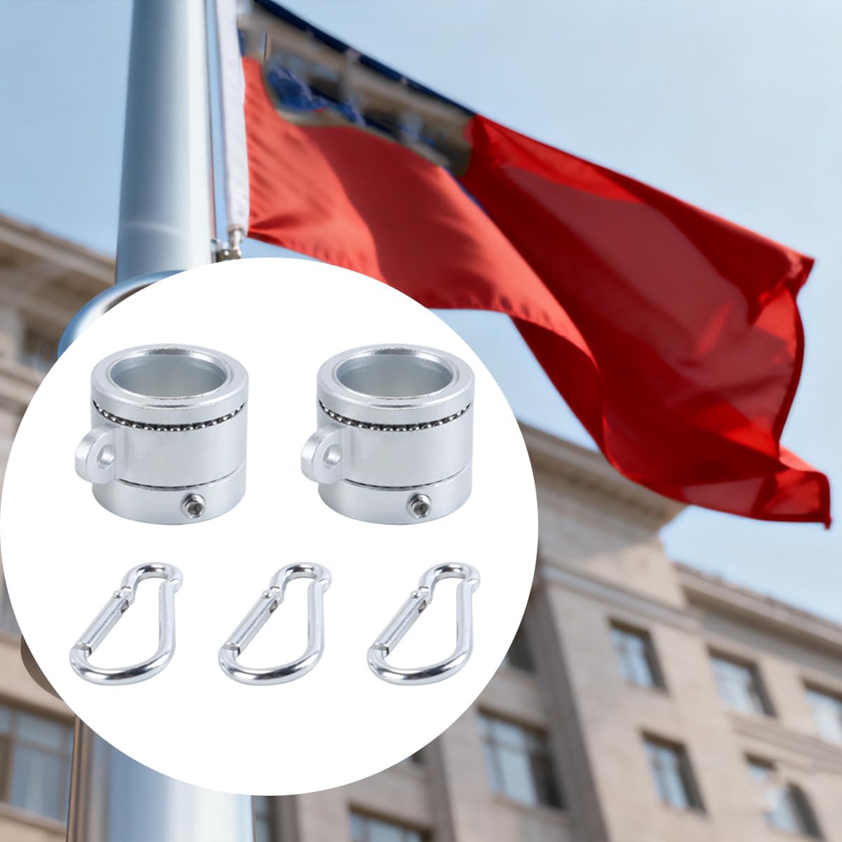 Zestaw 2 aluminiowych pierścieni do masztu flagowego z karabińczykami – obrotowych o 360 stopni, o regulowanej średnicy 1,4 cala