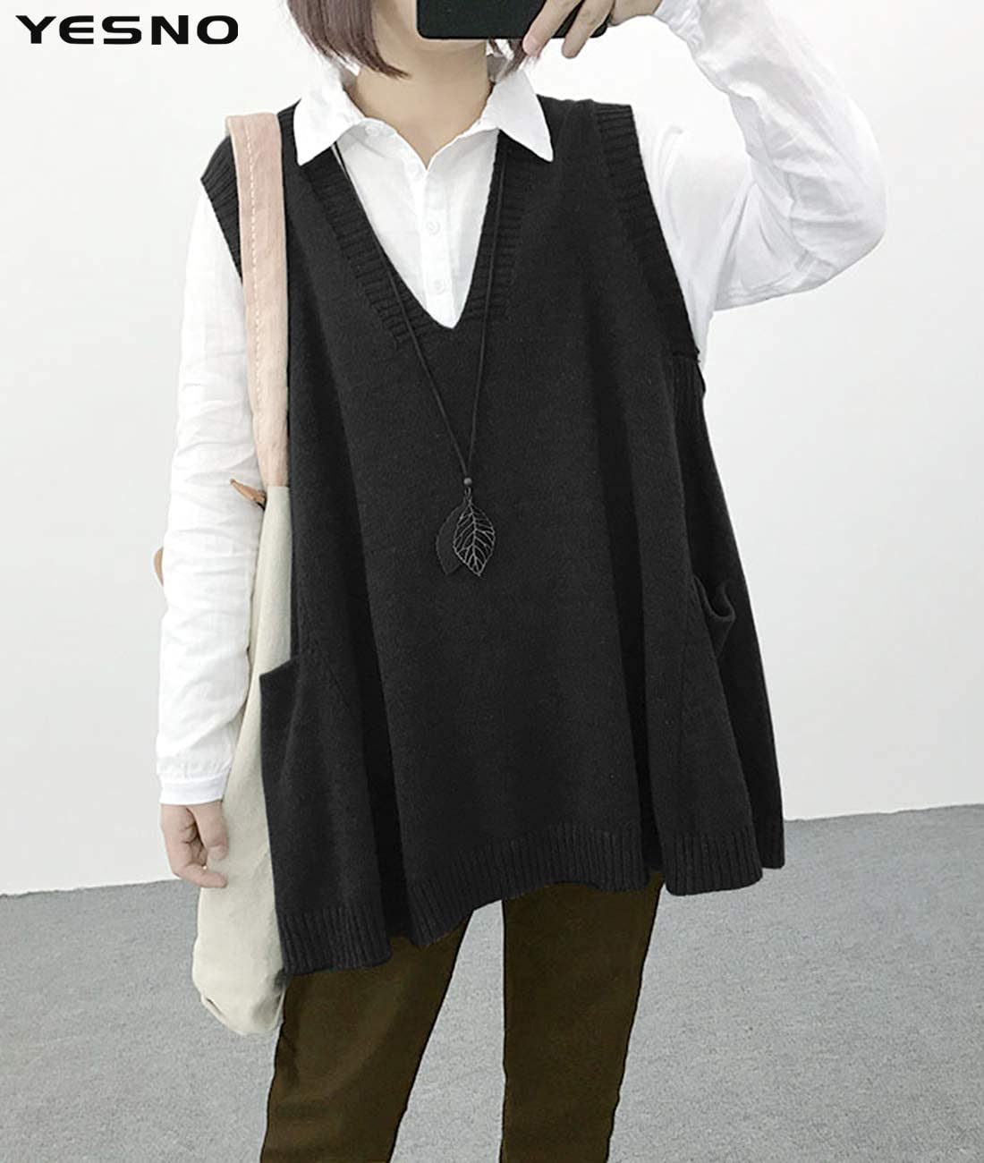 YESNO Sweater Vest Women Loose Swing Cotton Cute Oversized Knit Pullover Sleeveless Sweater Tops with Drop Pockets WM9