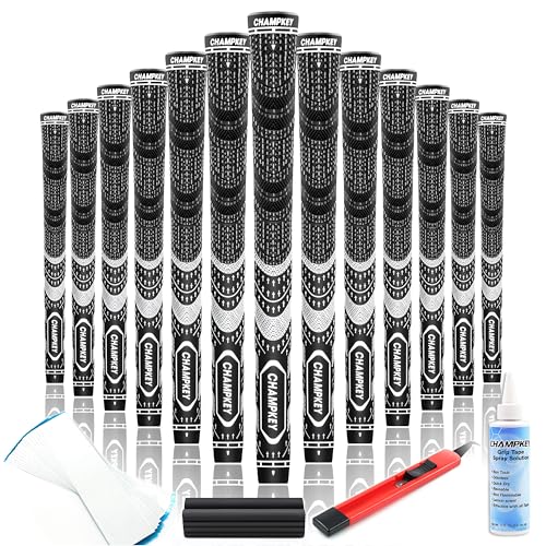 CHAMPKEY Premium Hybrid Golf Grips 13 Pack with All Repair Kits - All Weather Performance Golf Club Grips - High Traction and Control Half Corded Golf Grips for Men(Black,Midsize)