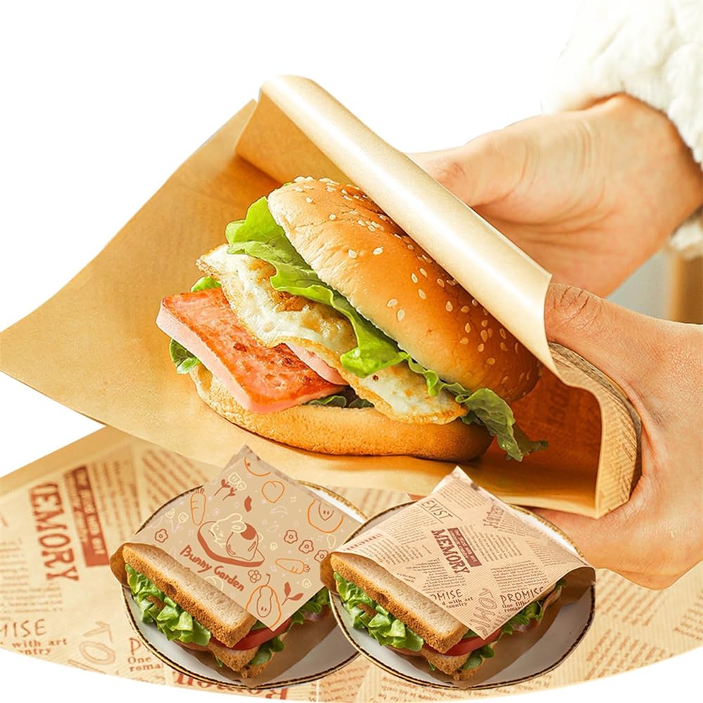 Azonee 100pcs Triangle Paper Bag for Food Wrapping, Disposable Burger Sandwich Bread Snacks Greaseproof Wrapping Paper Bag, No Need to Fold, Non-Stick (18x18cm)