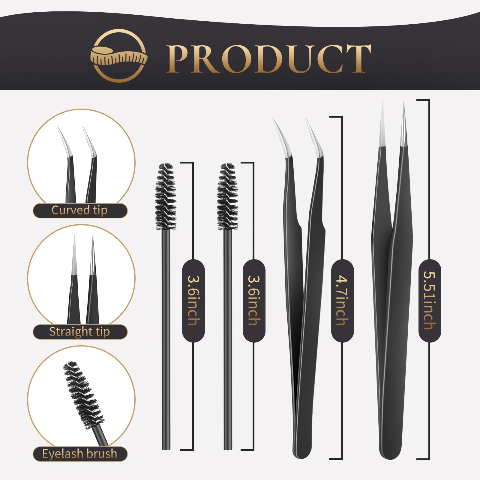 KLDKUST Wimpernverlängerungspinzette Set – 4 Stück, Edelstahl, Gerade & Gebogen, Mit Wimpernbürsten