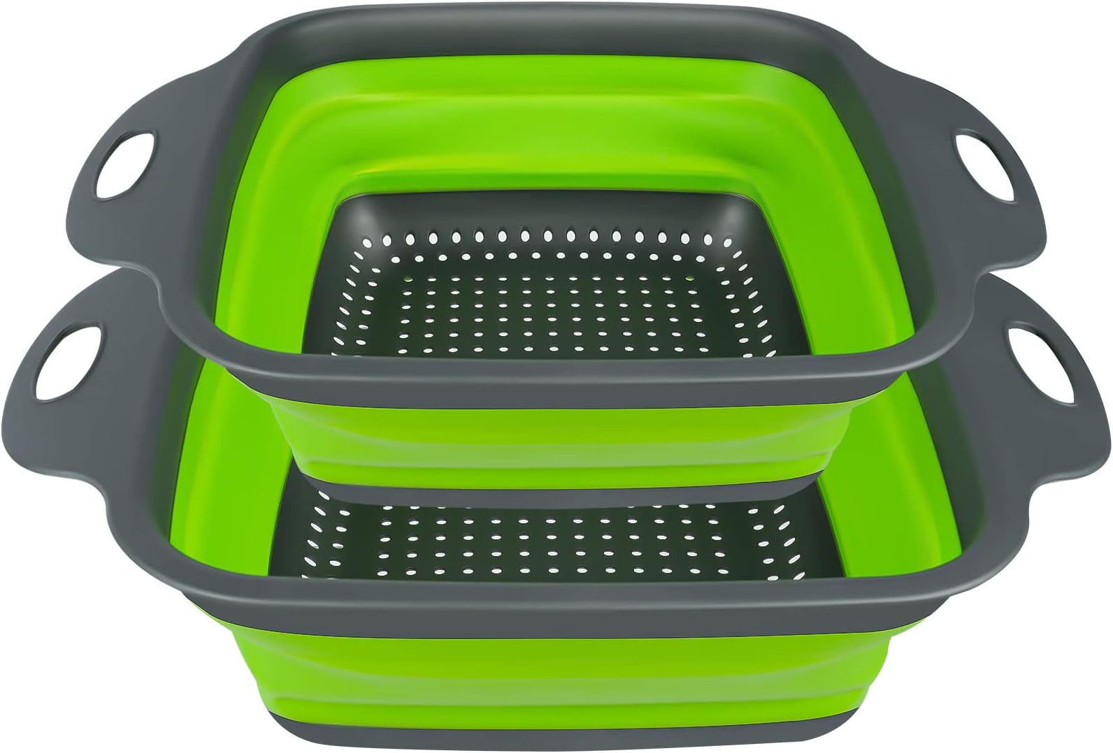 AUAUY 2 PCS Collapsible Colander Set, Square Silicone Folding Colander with Plastic Handles, Eco-Friendly Large Hole Kitchen Strainer for Draining Pasta Vegetables Fruits-1 Large and 1 Small