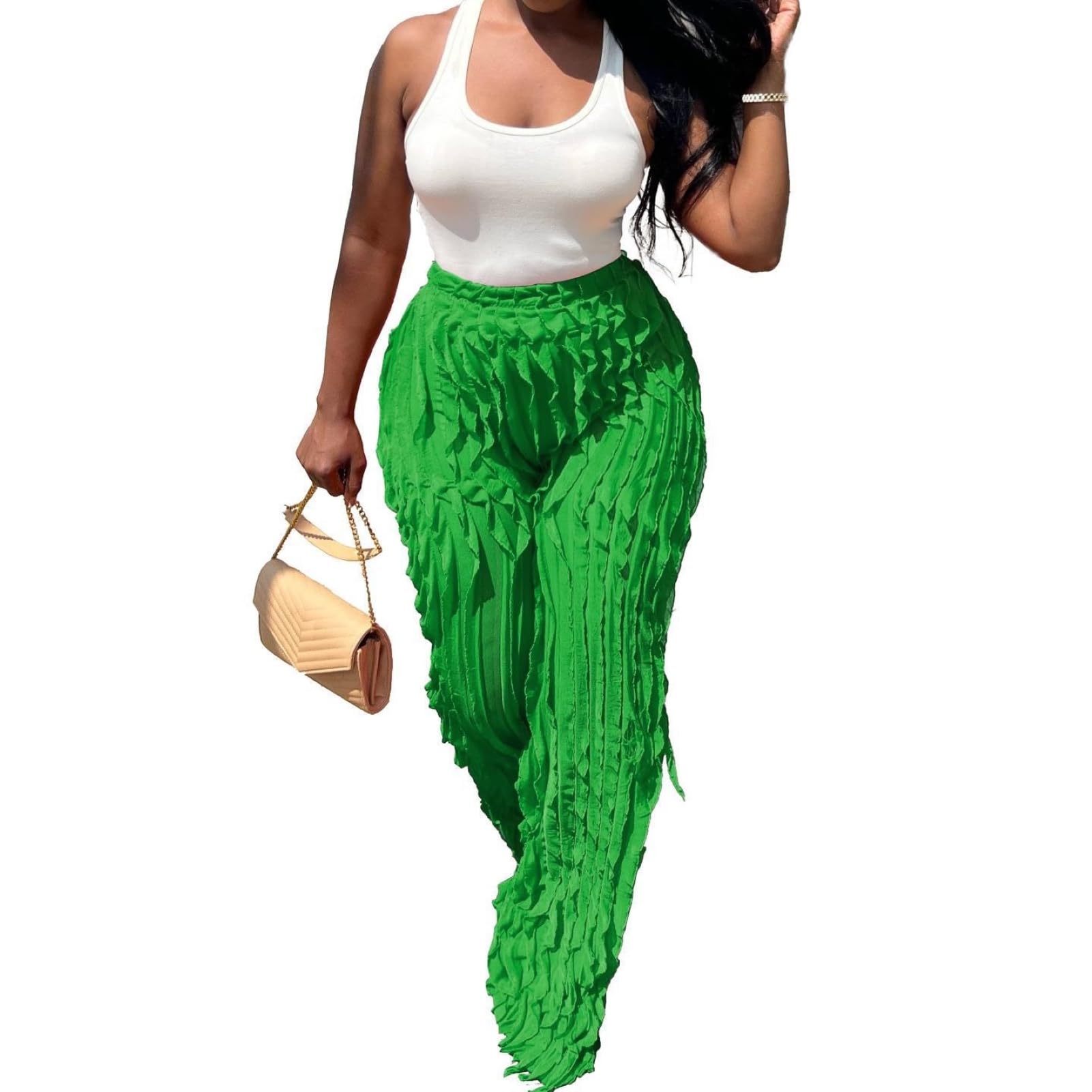 PRIVIMIX Women High Waist Sexy See Through Ruffle Wide Leg Palazzo Pants Stretchy Tassel Long Sheer Mesh Trousers