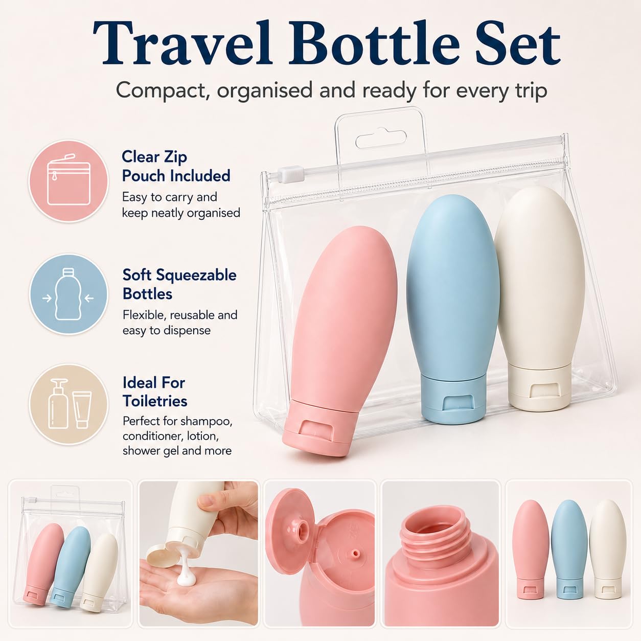 DDUP 3 Pcs Travel Bottles Set,60ML Travel Bottles & Containers,Small Mini Empty Plastic Squeeze Bottles for Travel Toiletries,Shampoo and Conditioner with Storage Bag.(Multicolor) 1