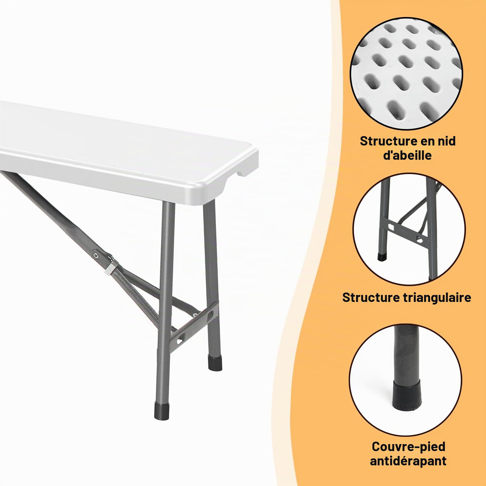 Todeco Banc Pliant Camping, 2 à 4 Personnes, 2 Pièces | Avec poignées, pieds antidérapants pour Fête Barbecue Pique-Nique, Exterieur 183 x 30 x 43 cm