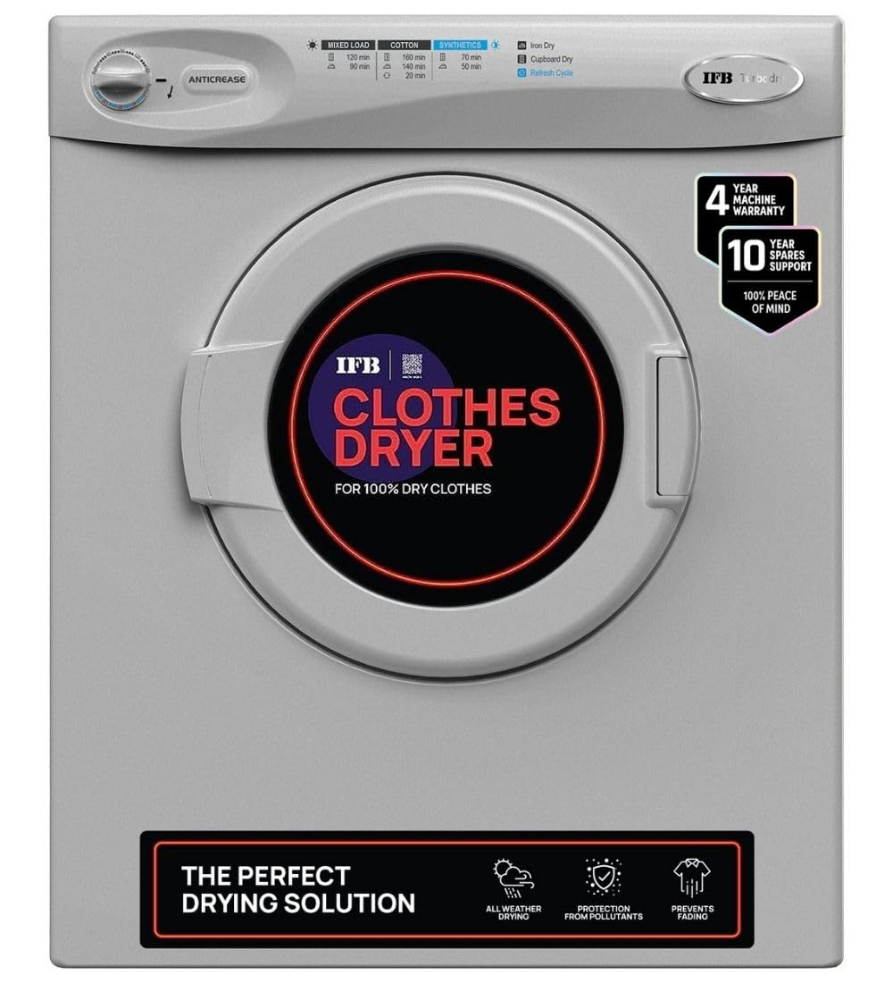 IFB 5.5 Kg Dryer Only, Fully Automatic Front Load, Refresh Cycle, Knob Control, Wall Mountable (Turbo Dry EX, Anti-Crease, Germ-Free Drying, Silver)