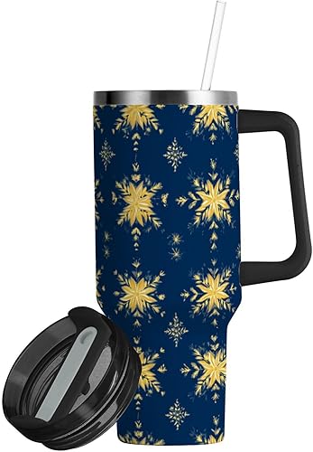 Miniatura 2 de Botella de agua reutilizable al vacío con diseño de flores vintage azules y doradas para la escuela con pajilla, resistente a las fugas, taza