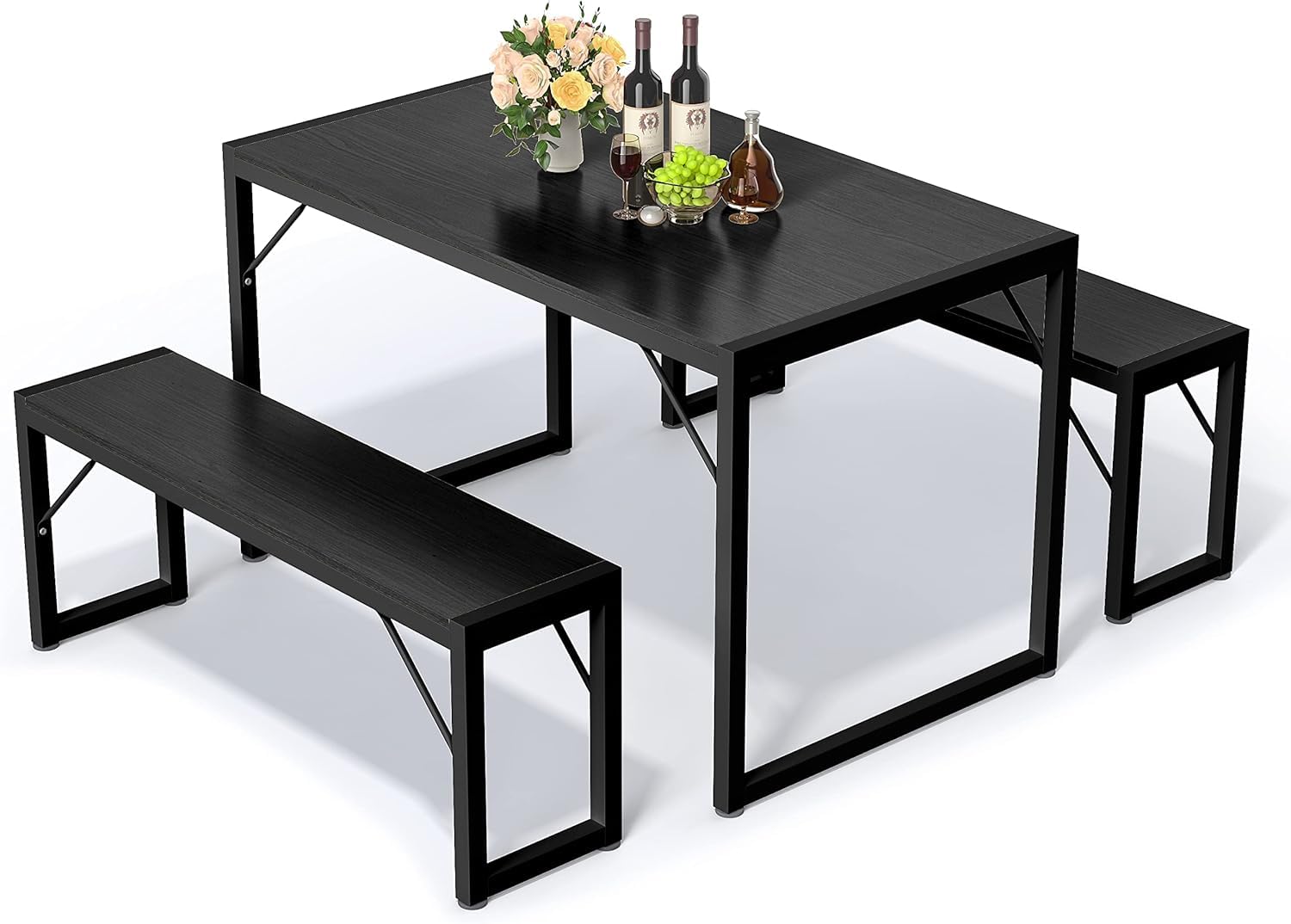 Bealife Dining Table Set for 4 with Metal Frame and MDF Board, Space Saving Kitchen Table with 2 Benches, Kitchen Table Set for Apartment, Dining Room, Breakfast Nook, Black