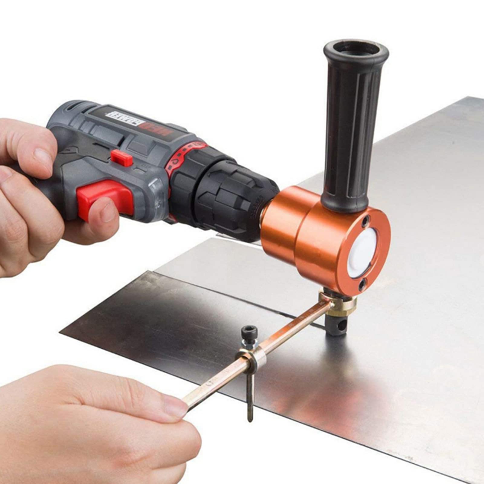 Coupeur de grignoteuse de tôle Hancaner Grignoteuse de Coupe de tôle à Double Pointe Coupe-scie à Métal Fixation de Perceuse Réglable à 360 Degrés avec Outils de Poinçonnage