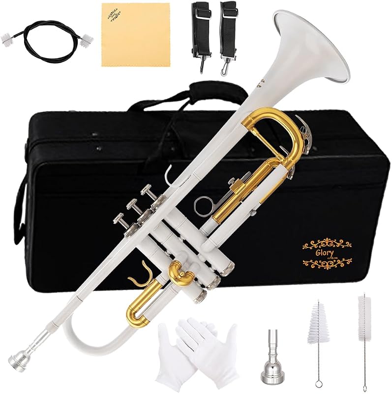 Glory Bb Trumpet - Trumpets for Beginner or Advanced Student with Case, pair of gloves-white
