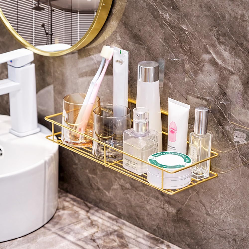 Shower Caddy Shelf Organizer Rack Self Adhesive Gold Bathroom Shelves Basket No Drilling Wall Mounted Shelf Home Bathroom