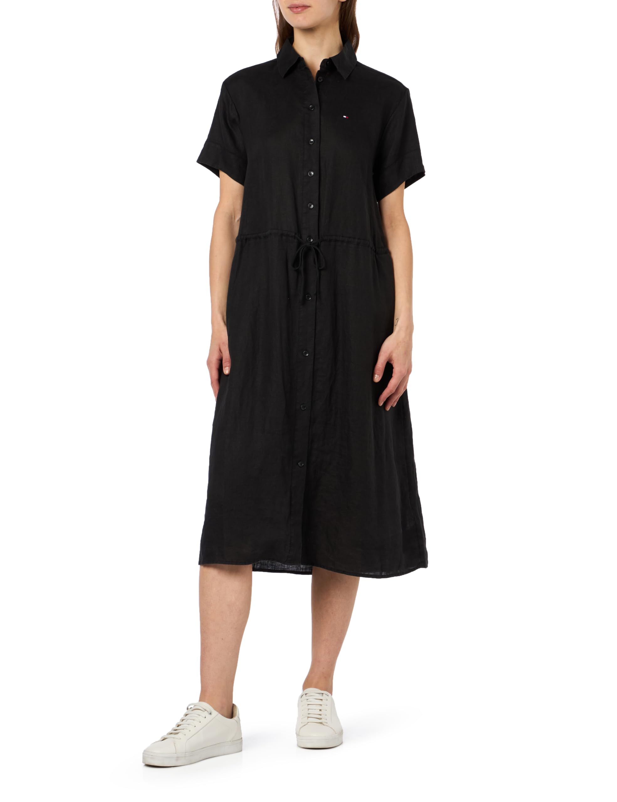 Tommy Hilfiger Women's Linen SS MIDI Shirt Dress Black 36