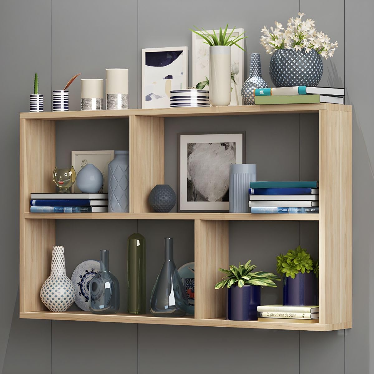RUNNUP Floating Wall Mount Bookcase Engineered Wood Book Shelf Decor Wall Shelf for Study Room Office Living Room, Natural 47.2" L x 9.4" W x 25.6" H