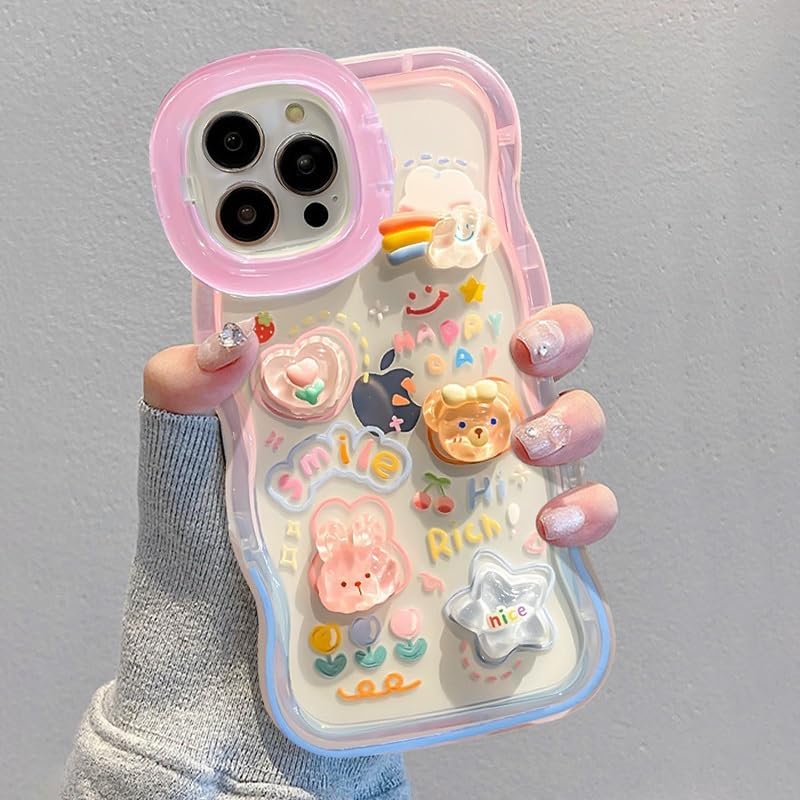 Image of COVERLY 3D Cute Creative Bear Flower Cartoon Rabbit Star Floral Decor Wave Curly Edge Invisible Double Phone Stand Holder Hard Happy Smile Cover Girly Charm Case for Apple iPhone 17 (Pastel Pink)