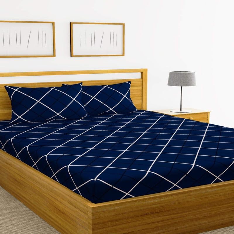 CLICKCART Glace Cotton Skin Friendly Prime Collection Ultrasoft King Size Elastic Fitted Printed Double Bedsheet with 2 Pillow Covers (Multicolour, 72 x 78 Inch) - Blue Lines Gold Fitted2 (B0DBR883D1) Amazon Price History, Amazon Price Tracker