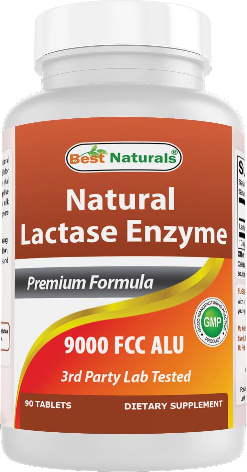 Best Naturals Lactose Intolerance Relief Tablets with Natural Lactase Enzyme, Fast Acting High Potency Lactase, 9000 FCC ALU, 90 Count