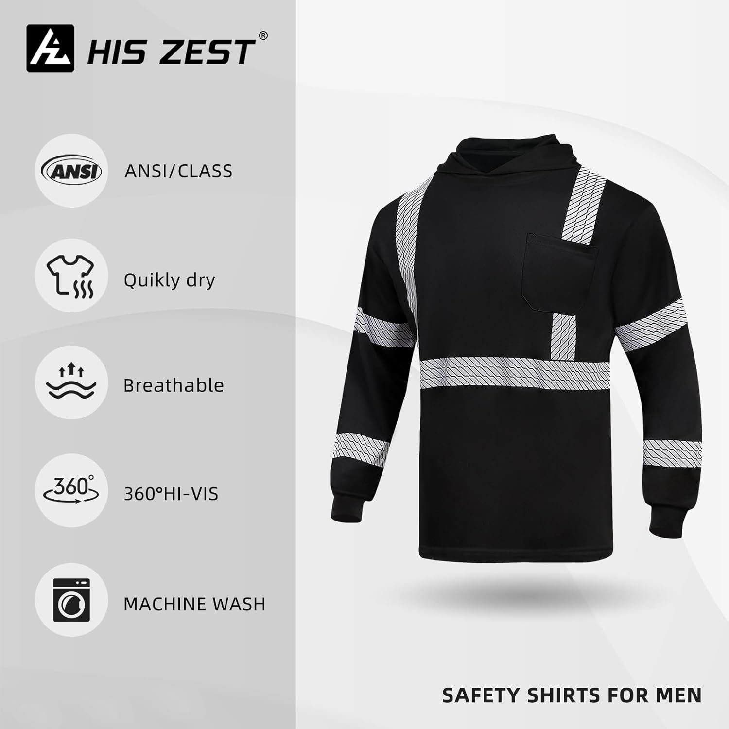 Hi Vis Safety Hoodie ANSI Class 3 Shirts High Visibility Long Sleeve Construction Pullover with Reflective Strips - Image 5