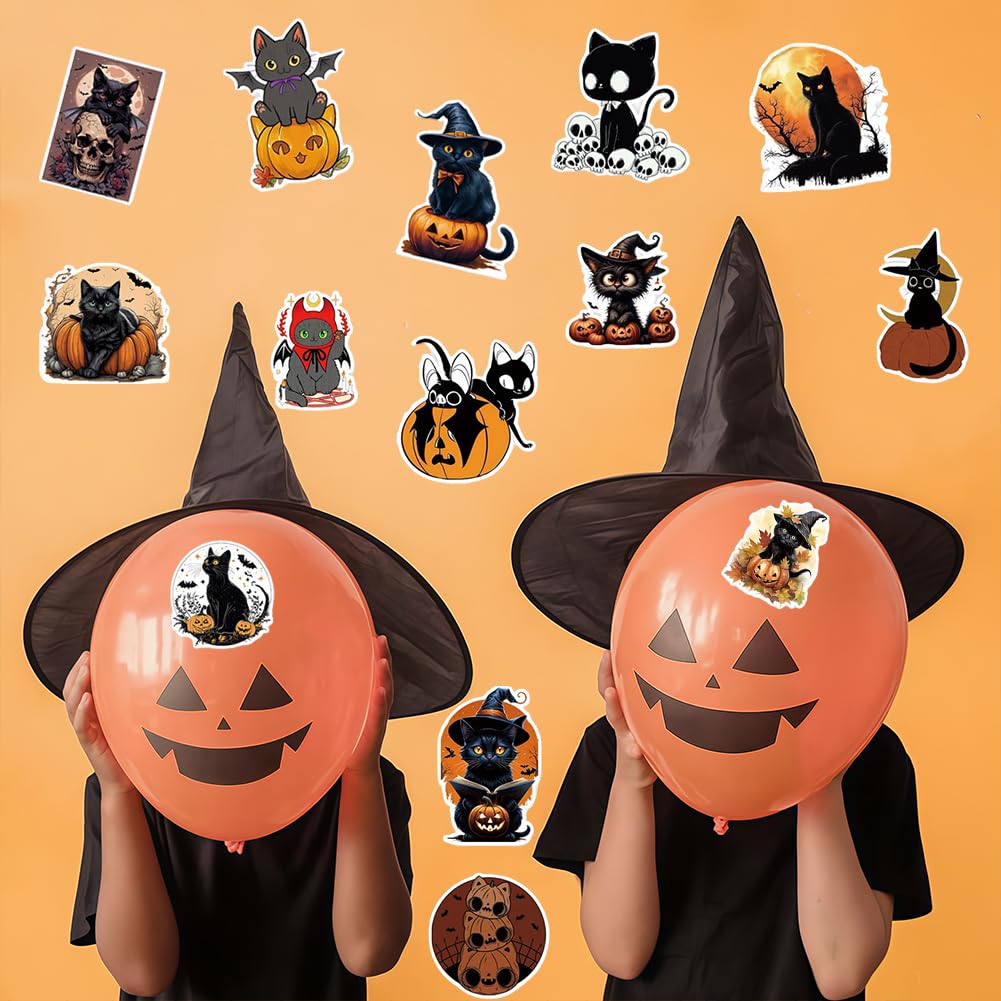 Set de Decoración de Gato-Bruja para Halloween,Figura de Resina con Sombrero de Bruja 50 Pegatinas Decoración Tenebrosa para Ventanas, Mesas y Fiestas Amantes de los Gatos