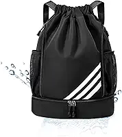 Mochila Esportiva com Cordão, Separação seca e húmida, Mochila de grande capacidade para viagens de lazer, Bolsos Laterais em Malha, Preto com Listras