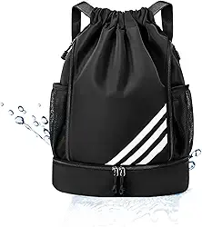 Mochila Esportiva com Cordão, Preta com Listras Brancas, Grande Capacidade 42L, Compartimento Seco e Húmido, Bolsos Laterais em Malha, para Viagens e Lazer