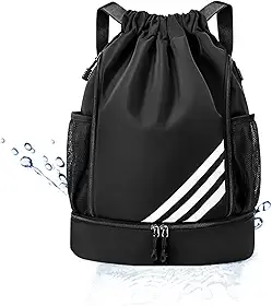 Mochila Esportiva com Cordão, Separação seca e húmida, Mochila de grande capacidade para viagens de lazer, Bolsos Laterais em Malha, Preto com Listras