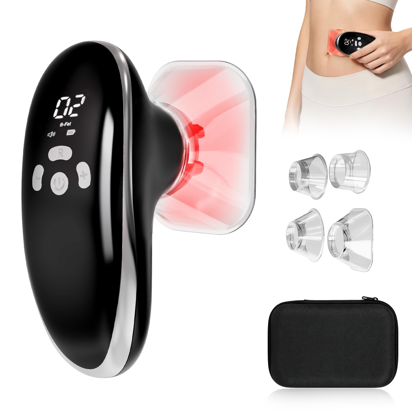 3-in-1 Schröpfmassagegerät mit EMS & Rotlicht Elektrisches Körperstraffungsgerät, 10 Intensitätsstufen & 4 Wechsel-Aufsätze gegen Cellulite zur Hautstraffung an Bauch, Beinen, Po, Armen