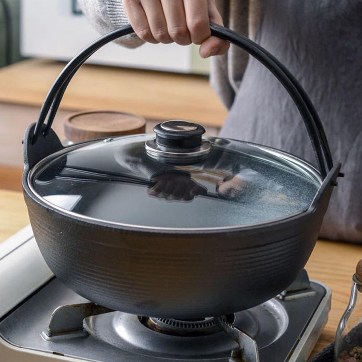 Olla Sukiyaki de Hierro Fundido Negra para Hogar, Resistente al Calor | Uso en Llama Abierta, Conducción Rápida, Superficie Lisa, Fácil Limpieza, Cocina Doméstica, Acabado Negro