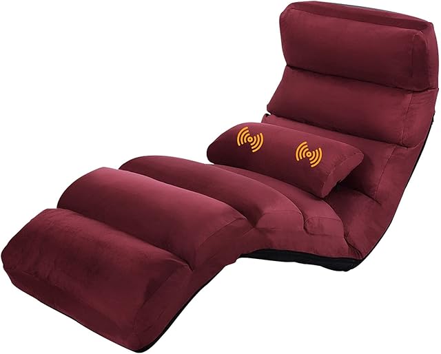 COSTWAY Folding Lazy Sofa, 5-Position Adjustable Floor Chair Bed with Massage Pillow, Home Office Living Room Bedroom Single Seat Lounger Sleeper (Burgundy)