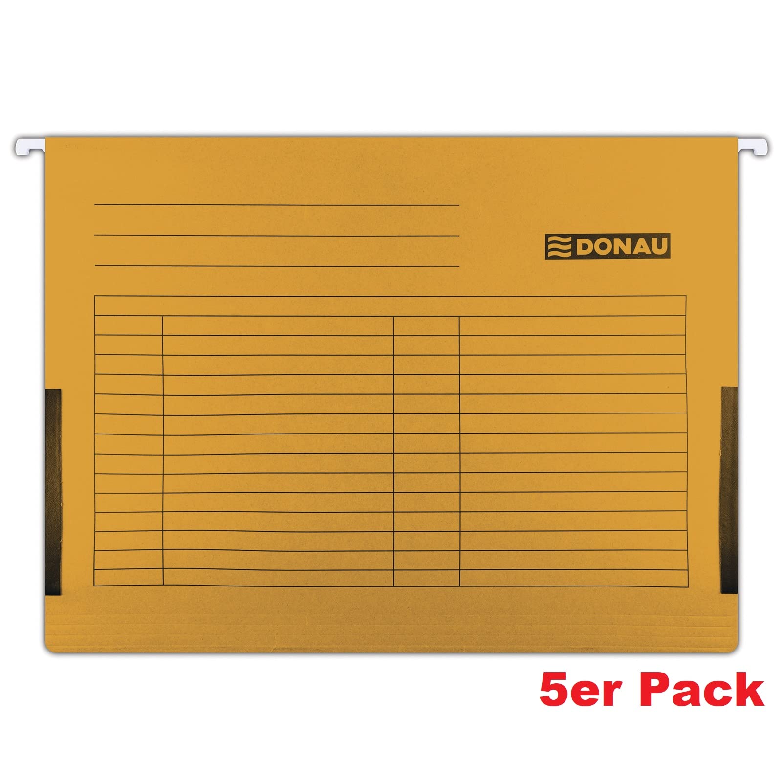 DONAU 7420905-12 torba wisząca z lnianymi żabkami, z kartonu z recyklingu 230 g/m², format DIN A4, kolor: pomarańczowy, 5 sztuk w opakowaniu, wymienne, puste tabliczki |