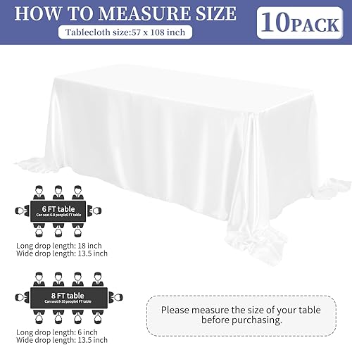 Miniatura 3 de Paquete de 10 manteles de satén de 90 x 132 pulgadas, color blanco, rectangular, de satén sedoso, mantel de tela suave de seda brillante, cubierta