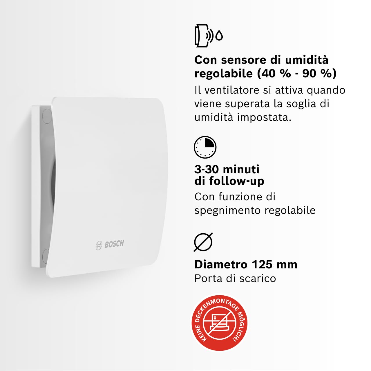 Bosch Aspiratore da bagno 1500 DH 125mm - Per la ventilazione in bagno e WC, contro umidità e muffa - Con umidostato e timer - 125 mm di diametro