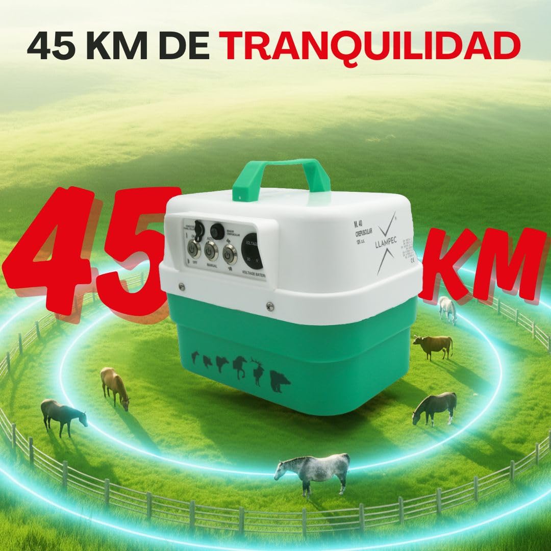 Pastor Eléctrico Crepuscular Llampec Mod.40 – 4,5 J, 10.000 V y 45 km de alcance – Ideal contra jabalíes y para ganado equino, vacuno, porcino y ovino – Batería recargable 12 V incluida