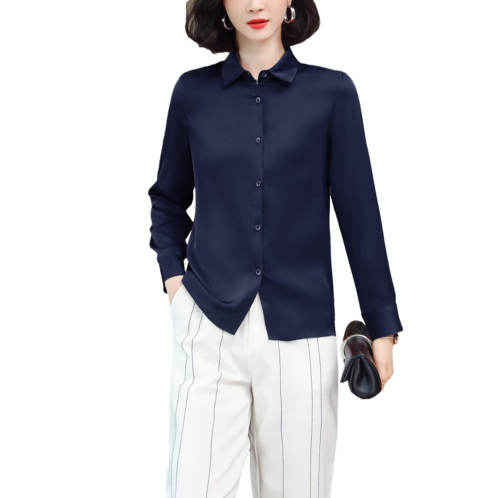 E-girl Blusa de seda para mujer, camisa de seda sólida, con botones, blusa de manga larga, solapa de seda, S3367