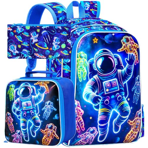 HPJGD Mochila infantil para meninos, conjunto de mochila pré-escolar com lancheira, mochila escolar infantil resistente à água para ensino fundamental, Astronauta neon de 40,6 cm, One Size, Neon