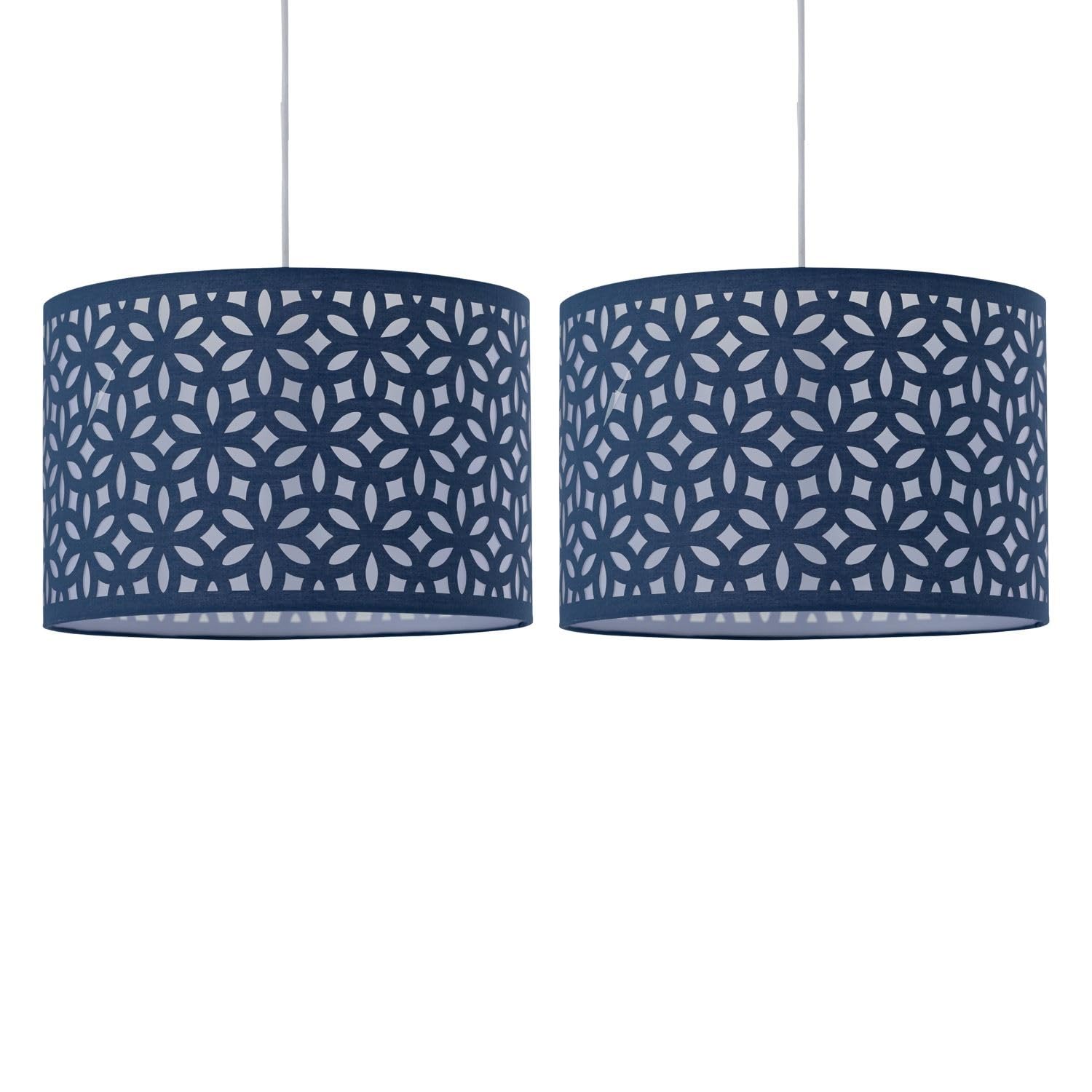 Set of 2 Navy Blue Pendant Shades, Easy Fit Ceiling Lightshades, Modern Cut Out Design, Diameter 25cm