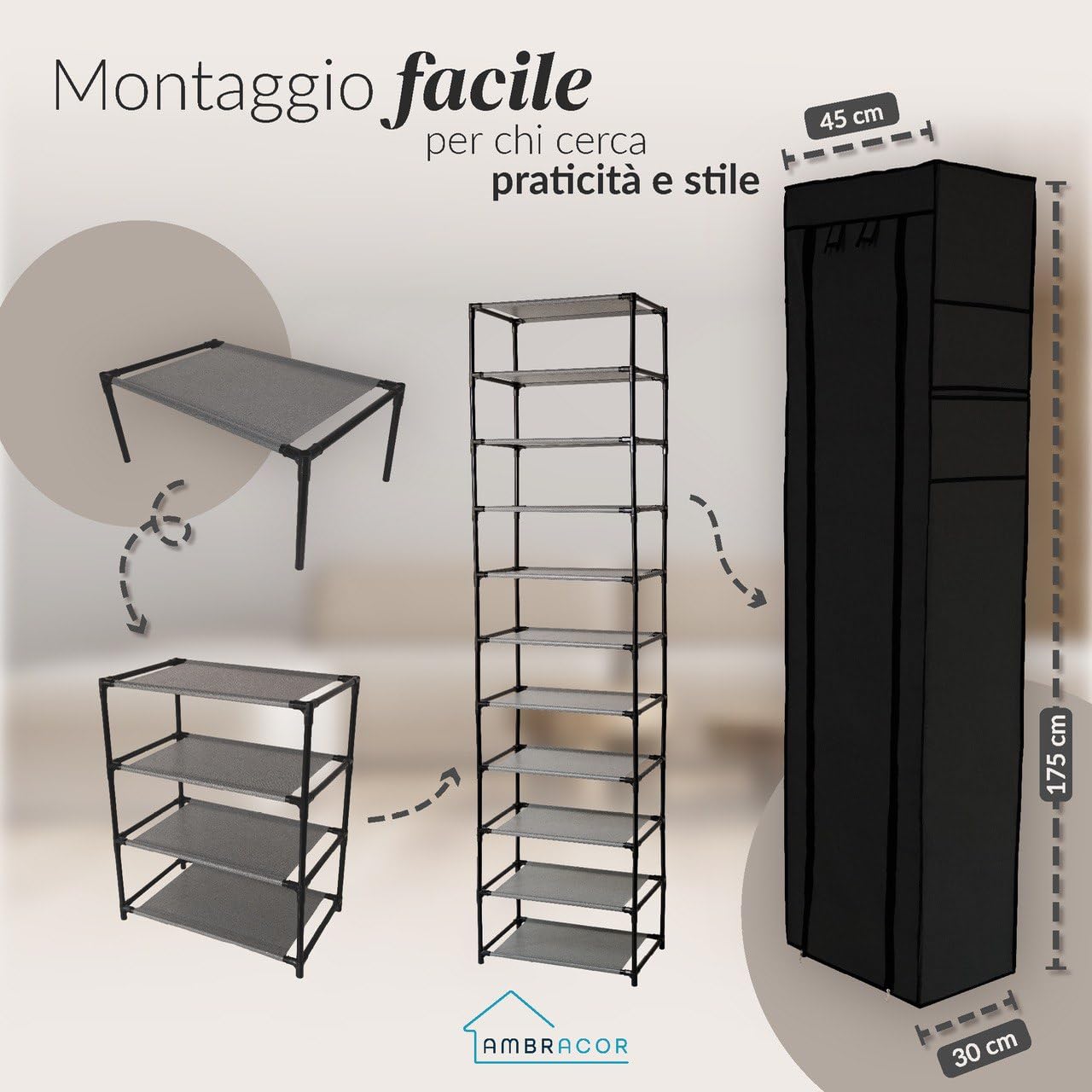 Scarpiera Slim 45x175x30cm in Tessuto Impermeabile a 11 Ripiani - Mobile Portascarpe da Esterno o Interno