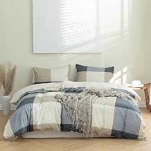 Buffalo Plaid Duvet Cover, Plaid Bedding Set, Beige Gingham Pattern Printed, 3 Piece Duvet Cover Set King, Soft Breathable Cotton Comforter Cover with Zipper Closure 4 Corner Ties, No Comforter