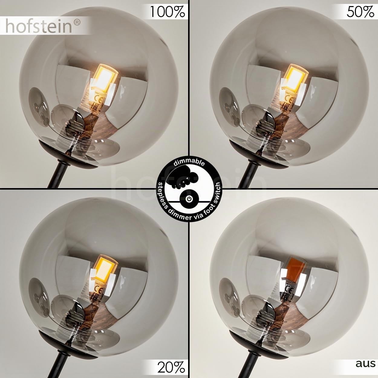 Stehleuchte Bernado, dimmbare Stehlampe aus Metall/Glas in Schwarz/Rauchfarben, Standleuchte mit Glaskugeln (Ø 12 cm), Höhe 174,5 cm, stufenlos dimmbar über Fußschalter, 5 x G9, ohne Leuchtmittel