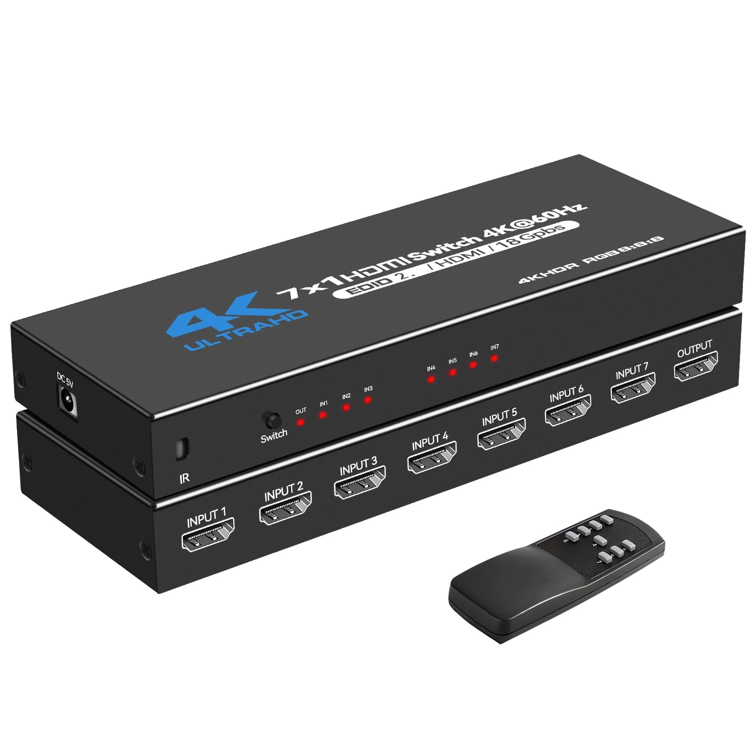 HDMI Switch 7 in 1 Out, 4K@60Hz HDMI 2.0 Switcher with IR Remote, 7 Port HDMI Selector Box Support HDMI2.0, Dolby Vision/Atmos, HDR10 for Box, Switch, PS5/4, Roku, Fire -Stick