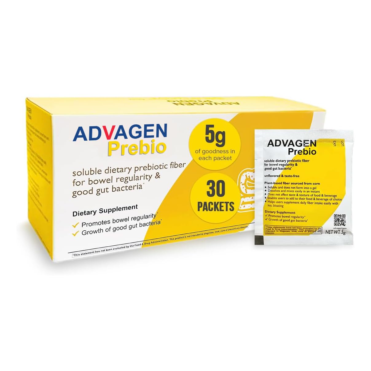 ADVAGEN, Prebio Fiber Supplement Powder Unflavored - Soluble Prebiotic Fiber Powder, Unflavored On The Go Packets, Non GMO Supports Gut Health, Bloating & Constipation Relief for Women Men 30 Servings 1