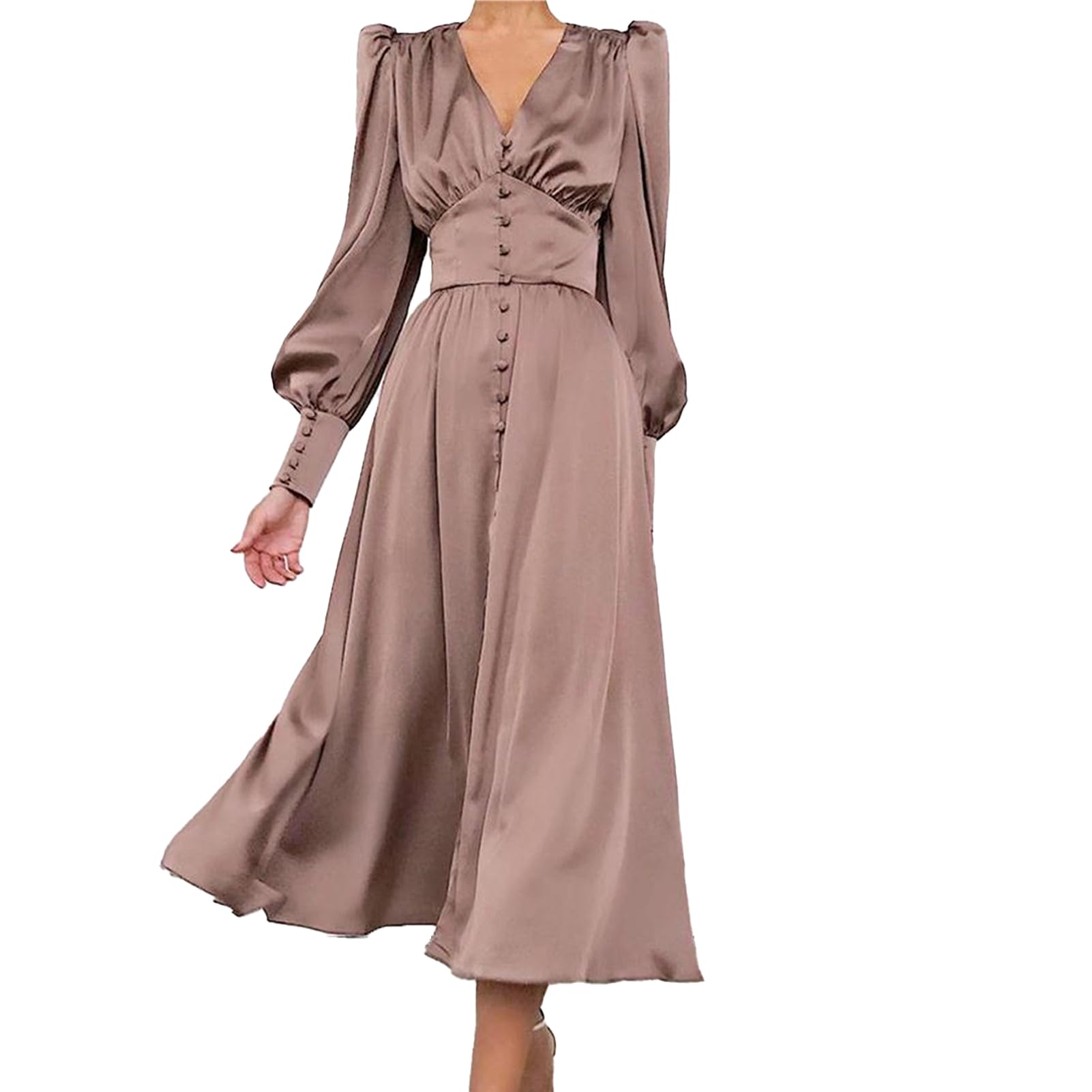 Women's Fall Elegant Satin Lantern Sleeve Smocked Dress Slim Fit Button Flowy Tunic Dress Ruched V-Neck Blouson