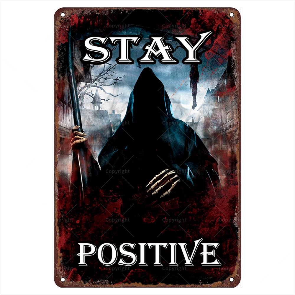 DecorFriday Halloween Retro Metal Tin Signs, 12"" X 8"", Stay Positive Vintage Tin Sign, Horror Wall Art Interior Decoration, Metal Poster For Halloween, Gifts For Halloween Lover.