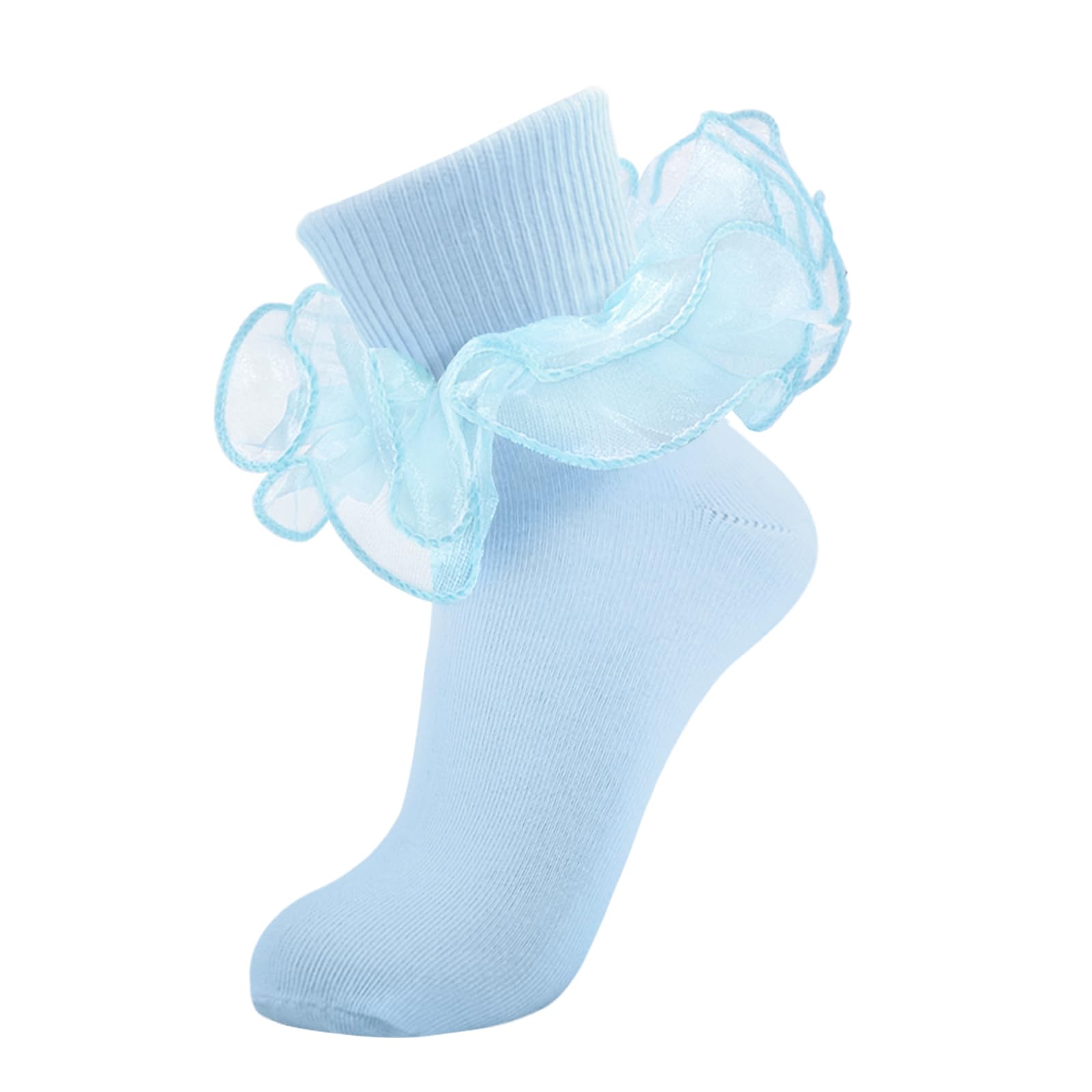 MKYSZLT Women Big Ruffle Ankle Socks Adult Double Lace Frilly Socks Fold Cuff Cotton Ruffled Dress Crew Bobby Bride Sock, Light Blue - 1 Pair, 8-10 UK