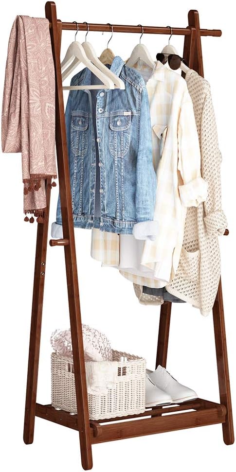 LANGRIA Foldable Bamboo Clothes Laundry Rack with Vertical Hanging Rod 4 Side Hooks and Lower Shoe Shelf for Extra Storage Space A-Frame Design Garment Stand (Coffee Color)