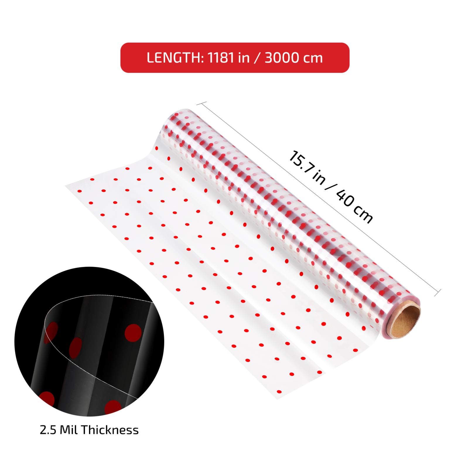 Rotolo di Cellophane Rosso a Pois 2, 5 Mil 3000x40 Cm