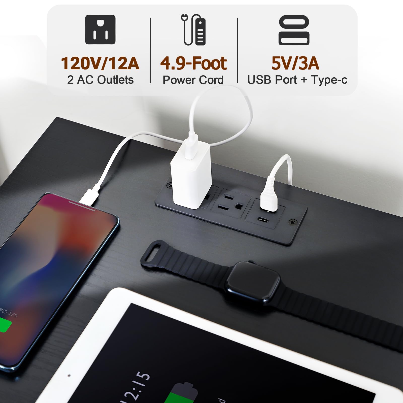 LOAKEKEL Night Stand, LED Nightstands Set of 2 with Charging Station, Small Side Tables with Storage Shelf for Small Spaces, Skinny Bedside Table with 2 Fabric Drawers for Bedroom, Black, HETS02BK